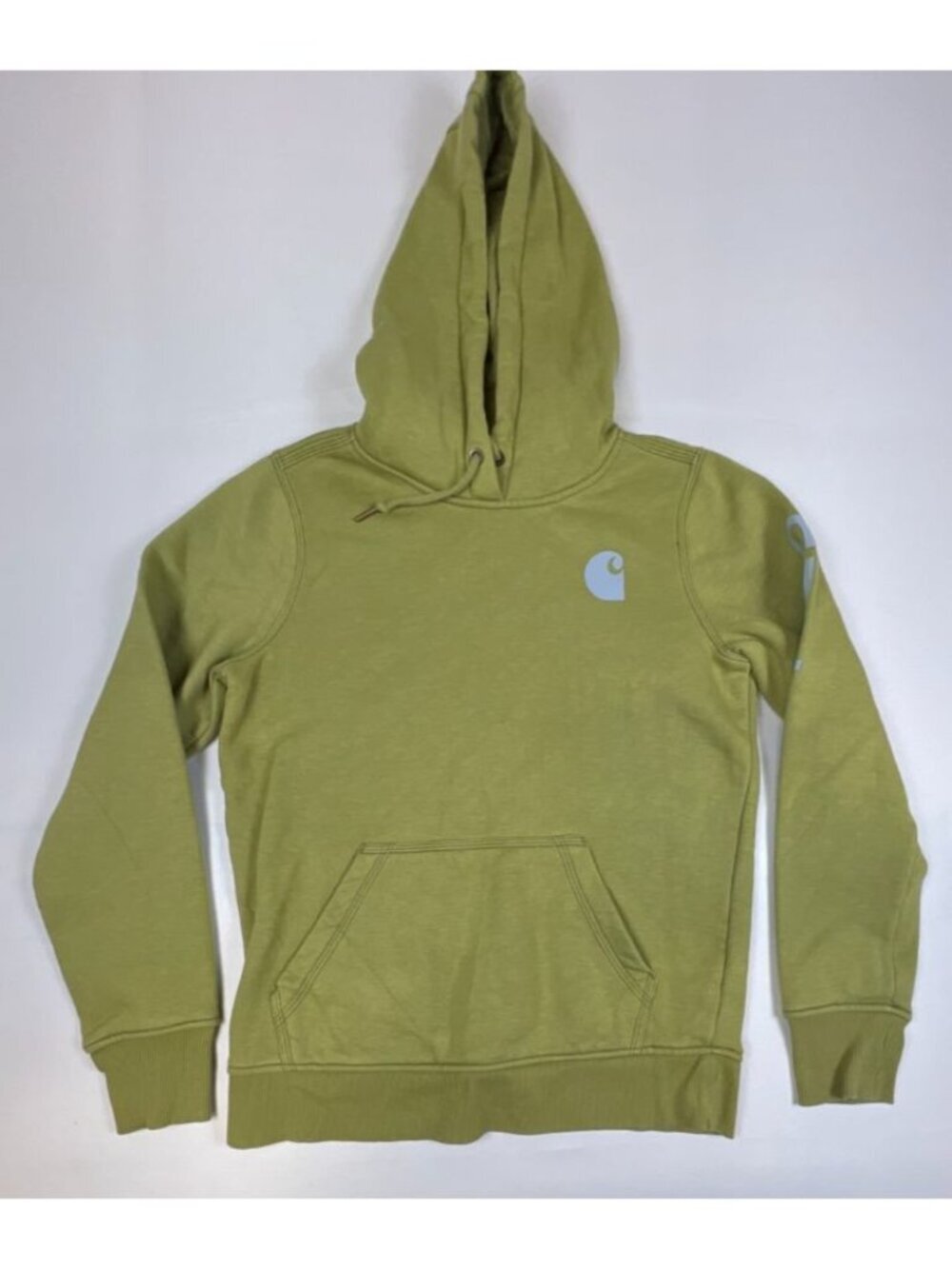 Carhartt Women Size XS Relaxed Fit Hoodie Green Logo Fleece Pullover Sweatshirt